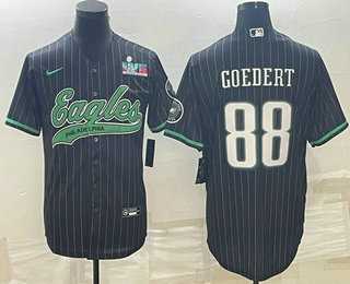 Mens Philadelphia Eagles #88 Dallas Goedert Black Pinstripe With Super Bowl LVII Patch Cool Base Stitched Baseball Jersey